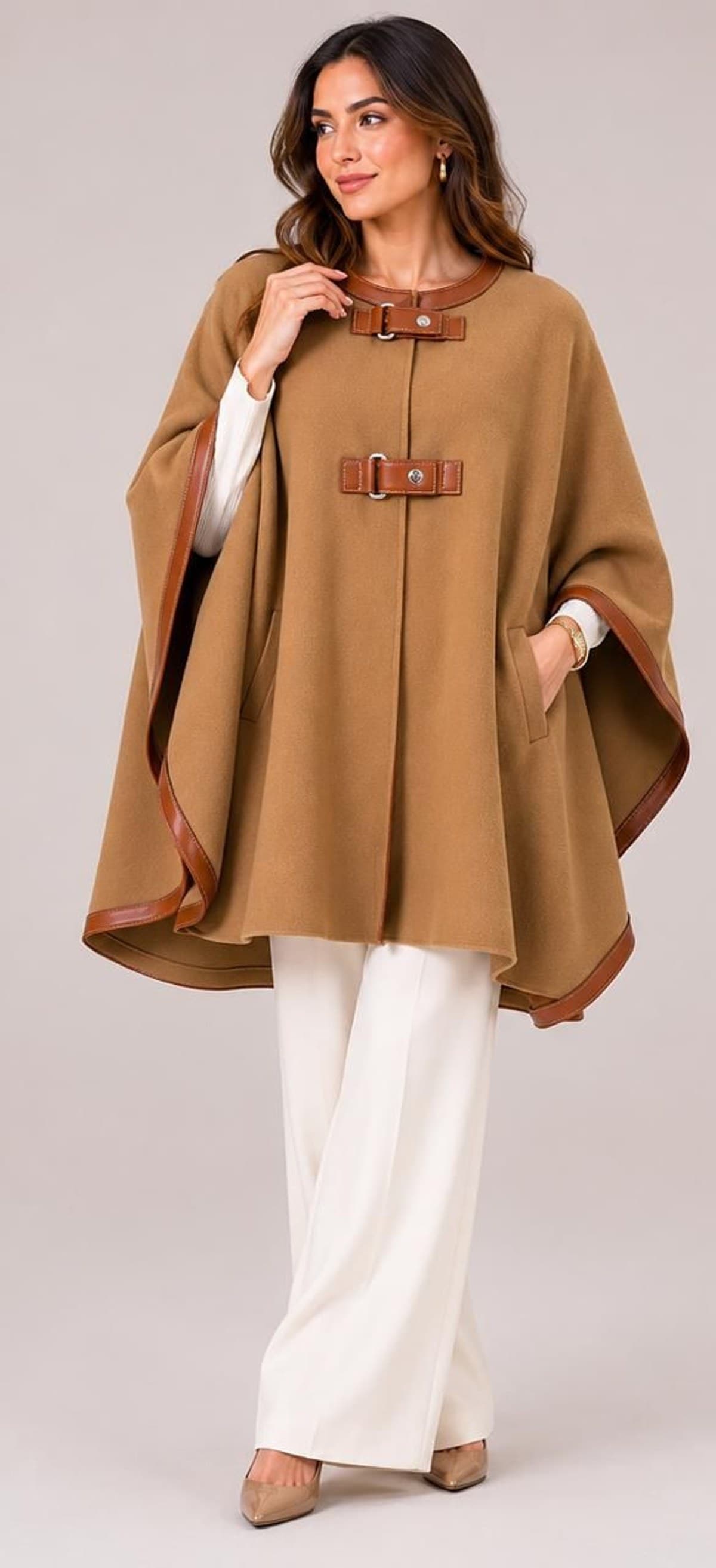 Cashmere Cape with Leather Trim